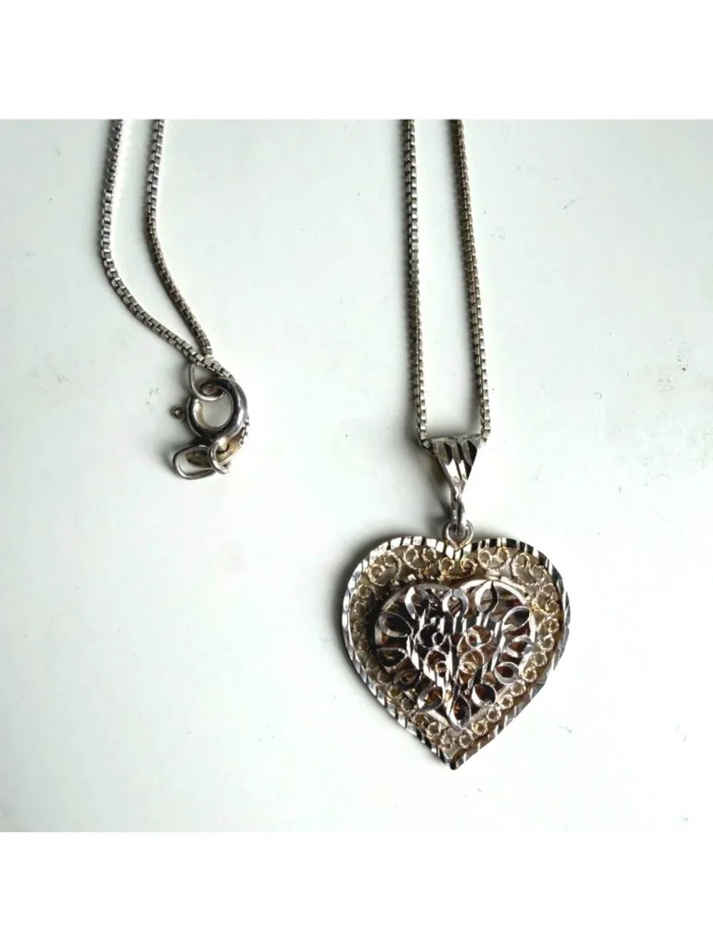 Sterling Silver Filigree Heart Pendant Necklace 925 Italy Box Chain